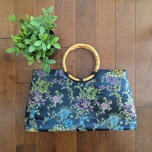 FLORAL BAMBOO HANDLE VINTAGE SATIN HANDBAG